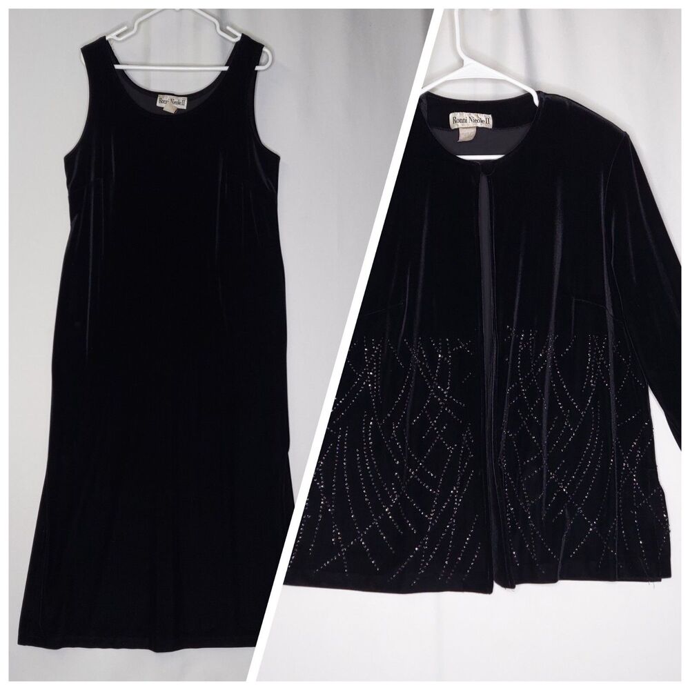 Ronnie Nicole Velvet Dress Jacket Set XL Black Stretch‎ Sequin Midi Split Hem